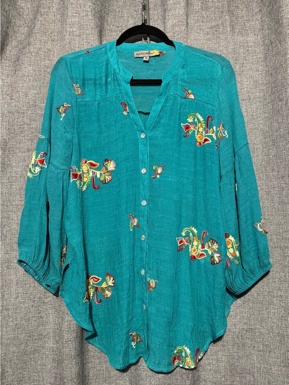 Figueroa & Flower Turquoise Floral Embroidered Button-Front Boho Tunic Blouse XL - Picture 2 of 8